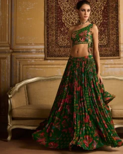 Dark Green Embroidered Blouse And Lehenga Set