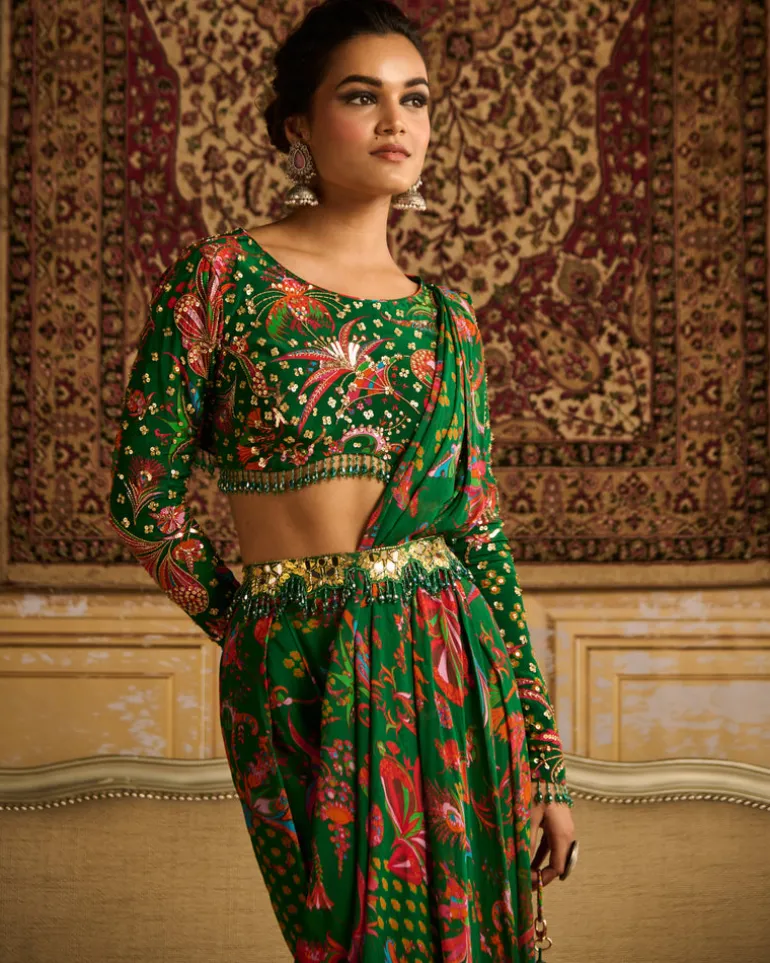 Dark Green Embroidered Blouse And Pant Sari Set