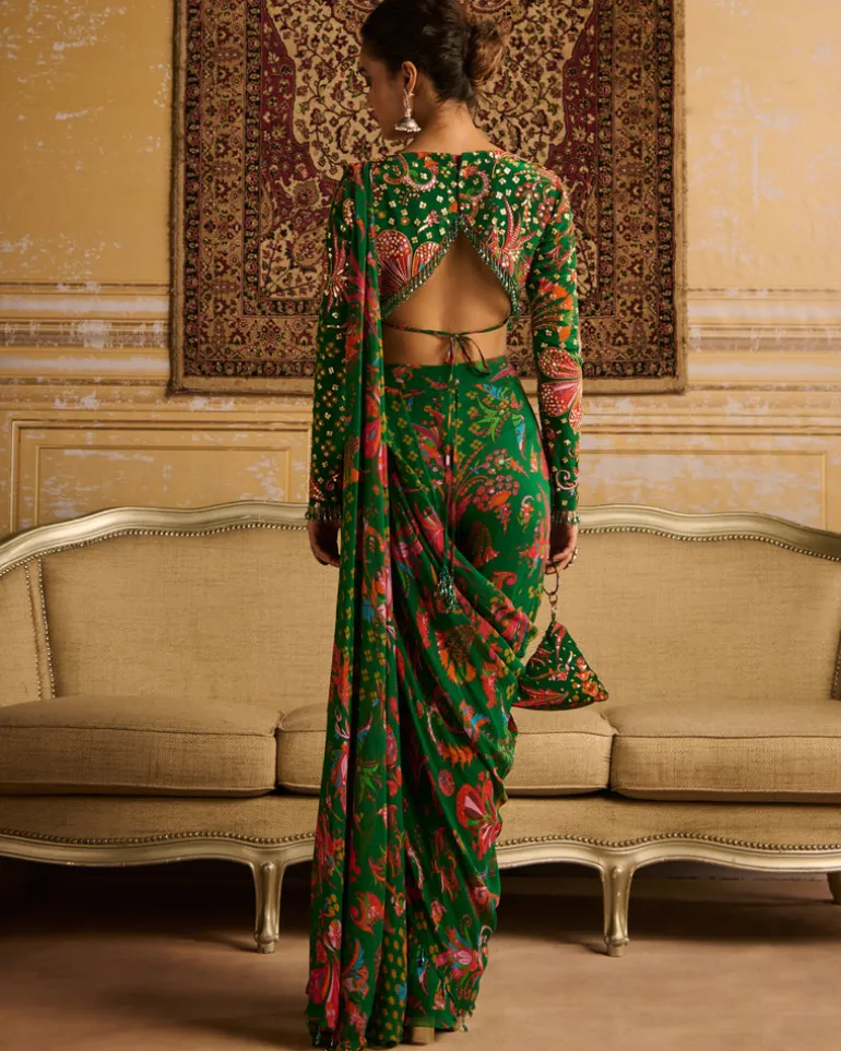 Dark Green Embroidered Blouse And Pant Sari Set