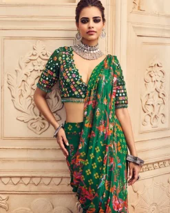 Dark Green Embroidered Blouse And Mermaid Sari Set