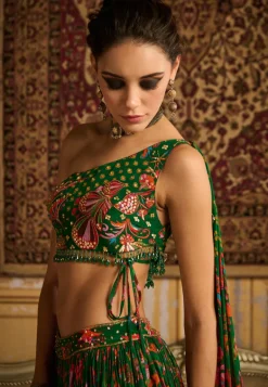 Dark Green Embroidered Blouse And Lehenga Set