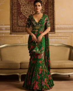 Dark Green Embroidered Blouse And Mermaid Sari Set