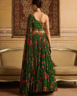 Dark Green Embroidered Blouse And Lehenga Set