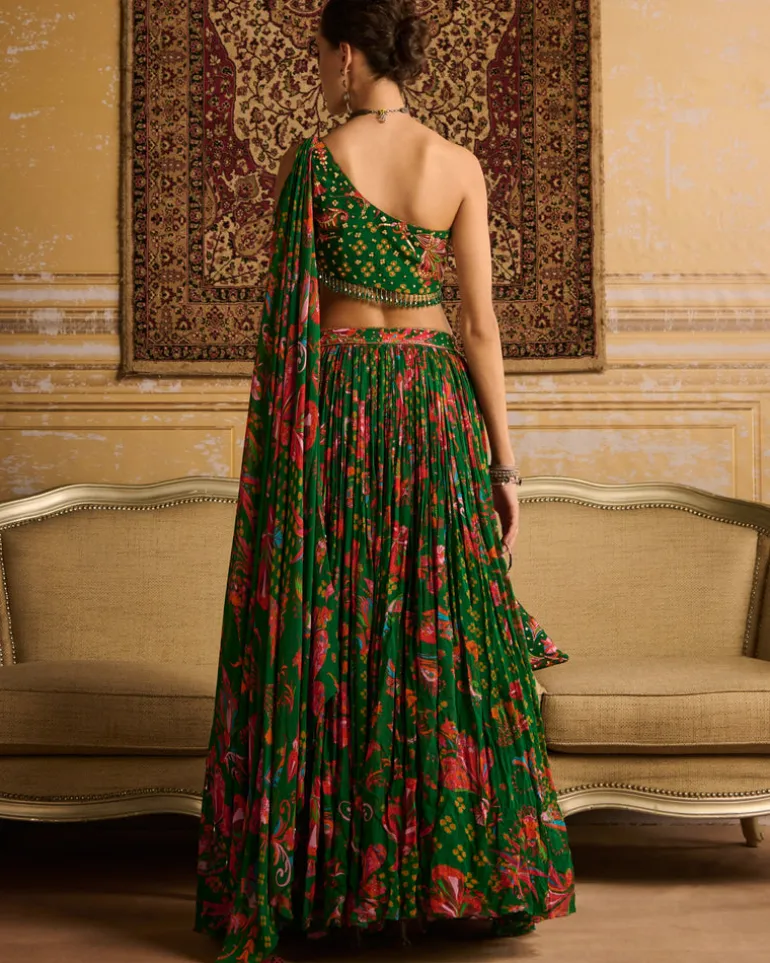 Dark Green Embroidered Blouse And Lehenga Set