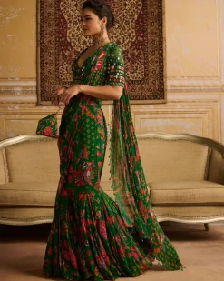 Dark Green Embroidered Blouse And Mermaid Sari Set