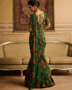 Dark Green Embroidered Blouse And Mermaid Sari Set