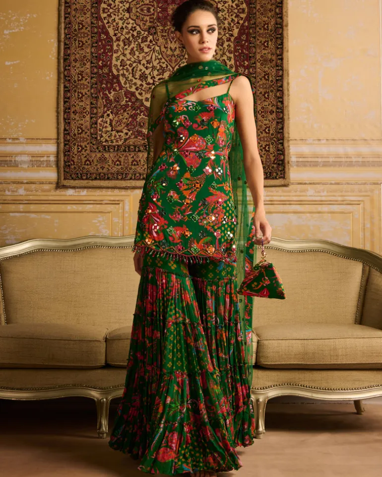 Dark Green Embroidered Kurti And Gharara Set