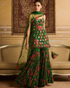 Dark Green Embroidered Kurti And Gharara Set