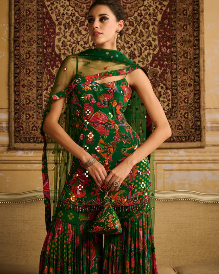 Dark Green Embroidered Kurti And Gharara Set