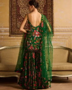 Dark Green Embroidered Kurti And Gharara Set