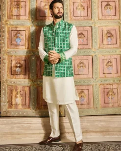 Dark Green Grid Print & Highlighted Bandi Set