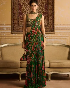 Dark Green Highlight Blouse And Tiered Skirt Sari Set