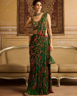 Dark Green Highlight Blouse And Tiered Skirt Sari Set
