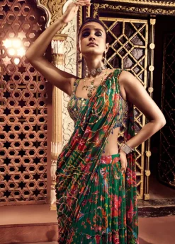 Dark Green Highlight Blouse And Tiered Skirt Sari Set