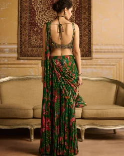 Dark Green Highlight Blouse And Tiered Skirt Sari Set