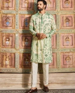 Dark Green Thikri Print and Highlighted Kurta Set