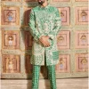 Dark Green Thikri Print and Highlighted Long Jacket Set