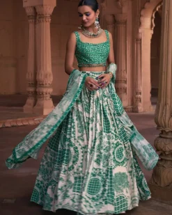 Dark Green Thikri Print & Highlighted Lehenga Set