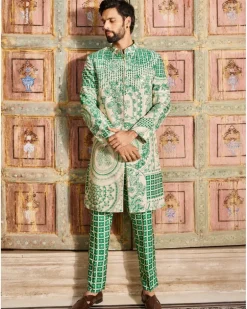 Dark Green Thikri Print and Highlighted Long Jacket Set