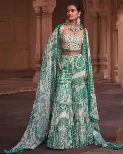 Dark Green Thikri Print & Highlighted Crop Top Set