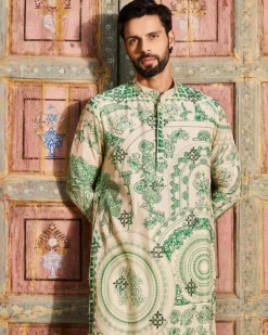 Dark Green Thikri Print and Highlighted Kurta Set
