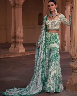 Dark Green Thikri Print & Highlighted Crop Top Set