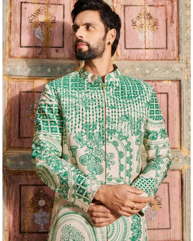 Dark Green Thikri Print and Highlighted Long Jacket Set