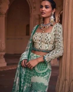 Dark Green Thikri Print & Highlighted Crop Top Set