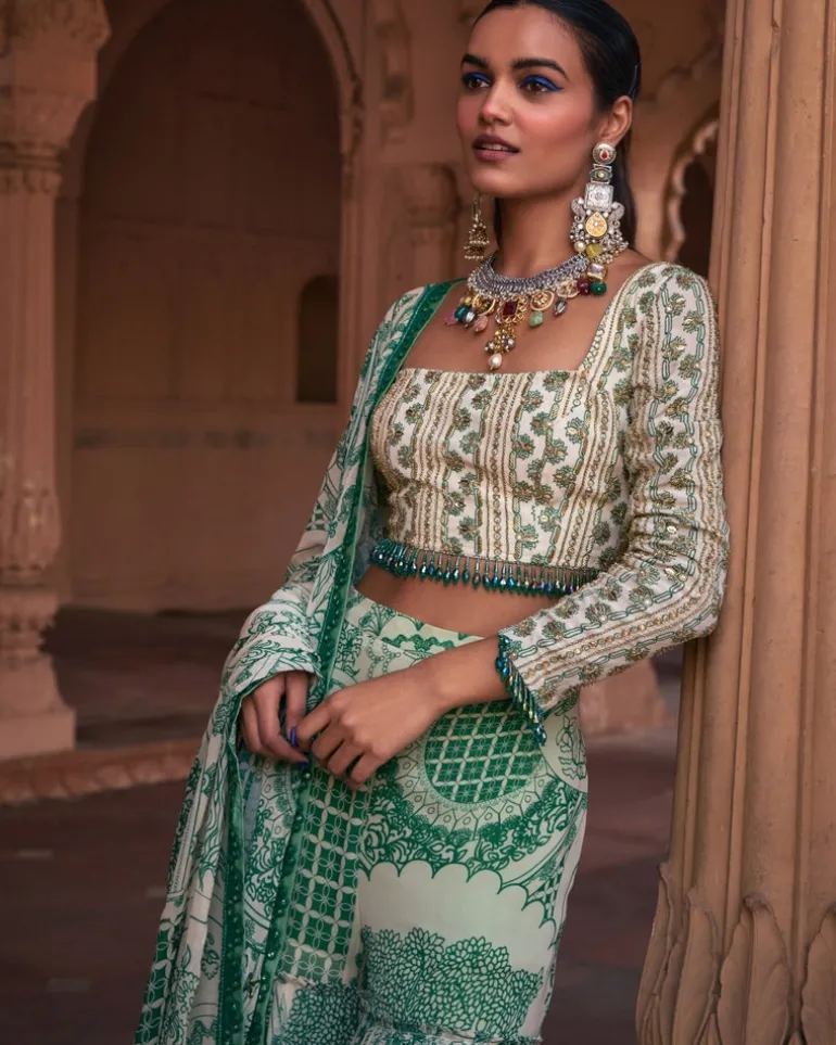 Dark Green Thikri Print & Highlighted Crop Top Set