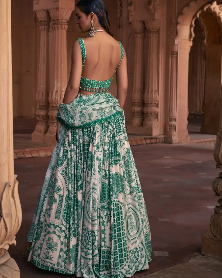Dark Green Thikri Print & Highlighted Lehenga Set