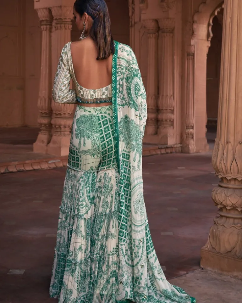Dark Green Thikri Print & Highlighted Crop Top Set