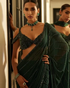 Dark Jade Green Crystal Linear Embroidered Sari