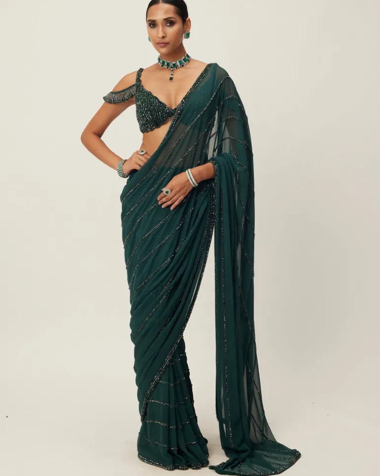Dark Jade Green Crystal Linear Embroidered Sari