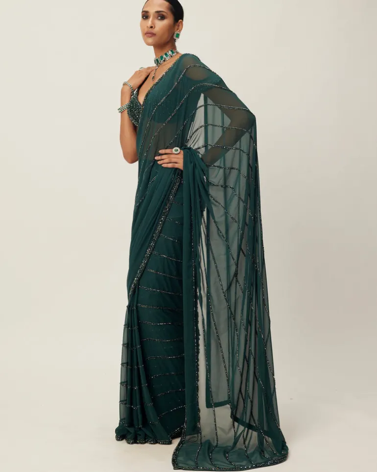 Dark Jade Green Crystal Linear Embroidered Sari