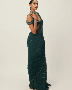 Dark Jade Green Crystal Linear Embroidered Sari