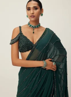Dark Jade Green Crystal Linear Embroidered Sari