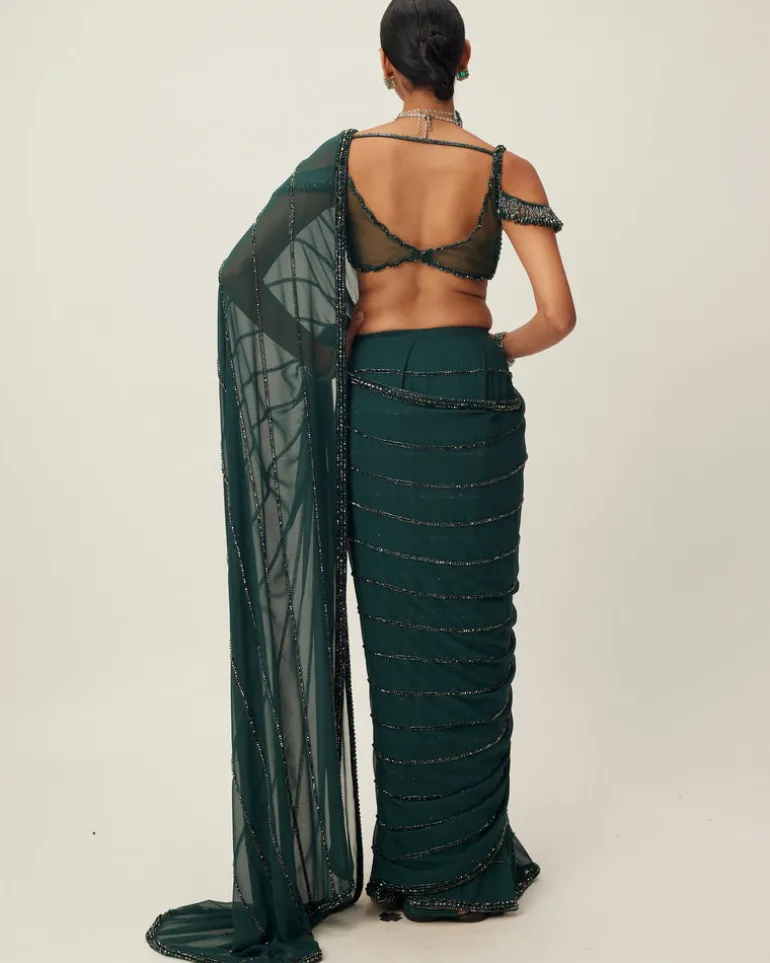 Dark Jade Green Crystal Linear Embroidered Sari