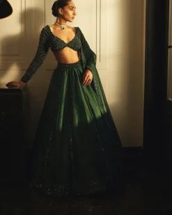 Dark Jade Green Organza Lehenga Set