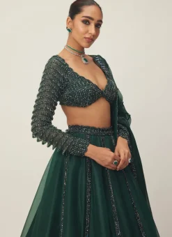 Dark Jade Green Organza Lehenga Set
