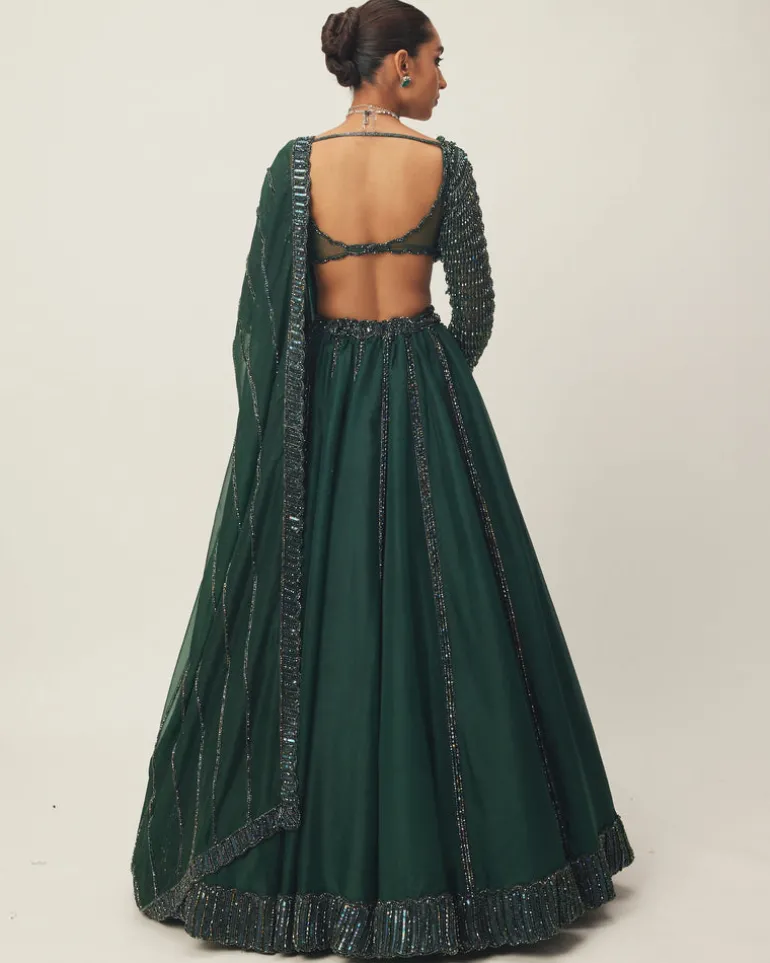 Dark Jade Green Organza Lehenga Set