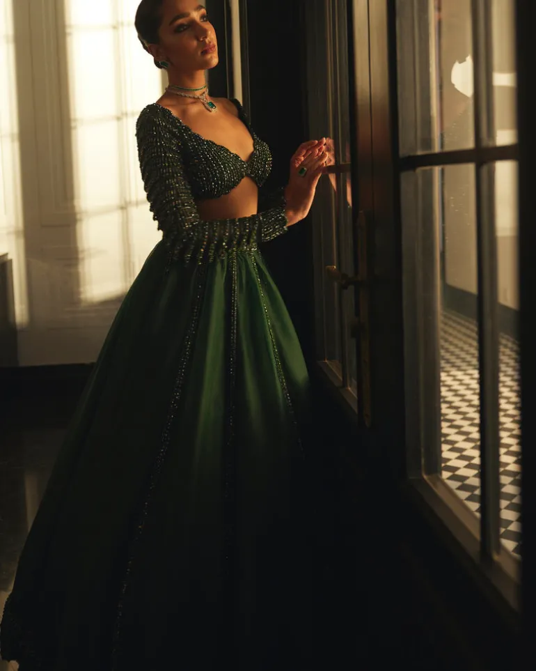 Dark Jade Green Organza Lehenga Set
