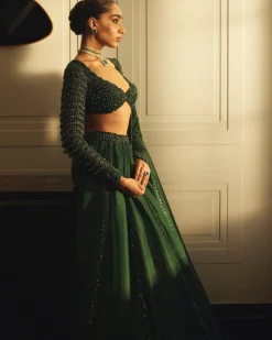 Dark Jade Green Organza Lehenga Set