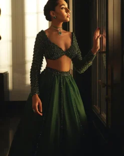 Dark Jade Green Organza Lehenga Set