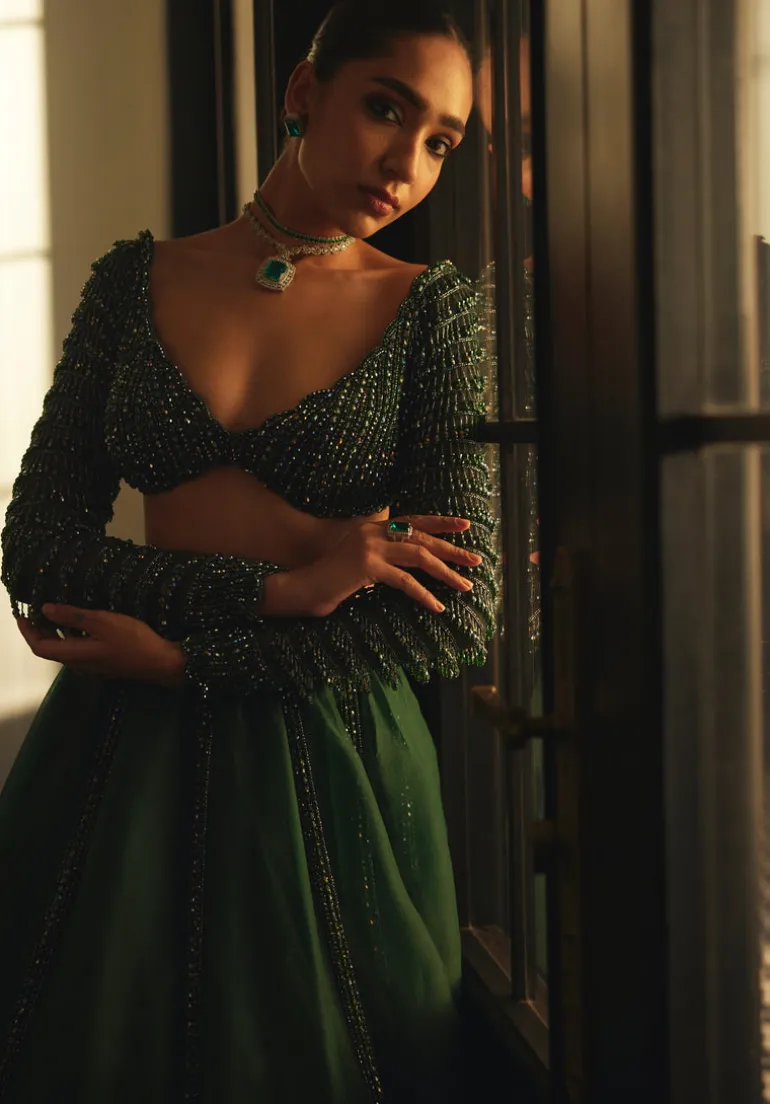 Dark Jade Green Organza Lehenga Set