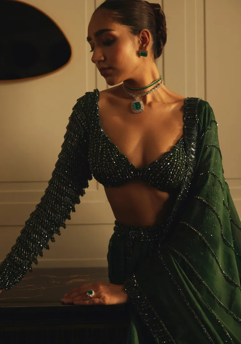 Dark Jade Green Organza Lehenga Set
