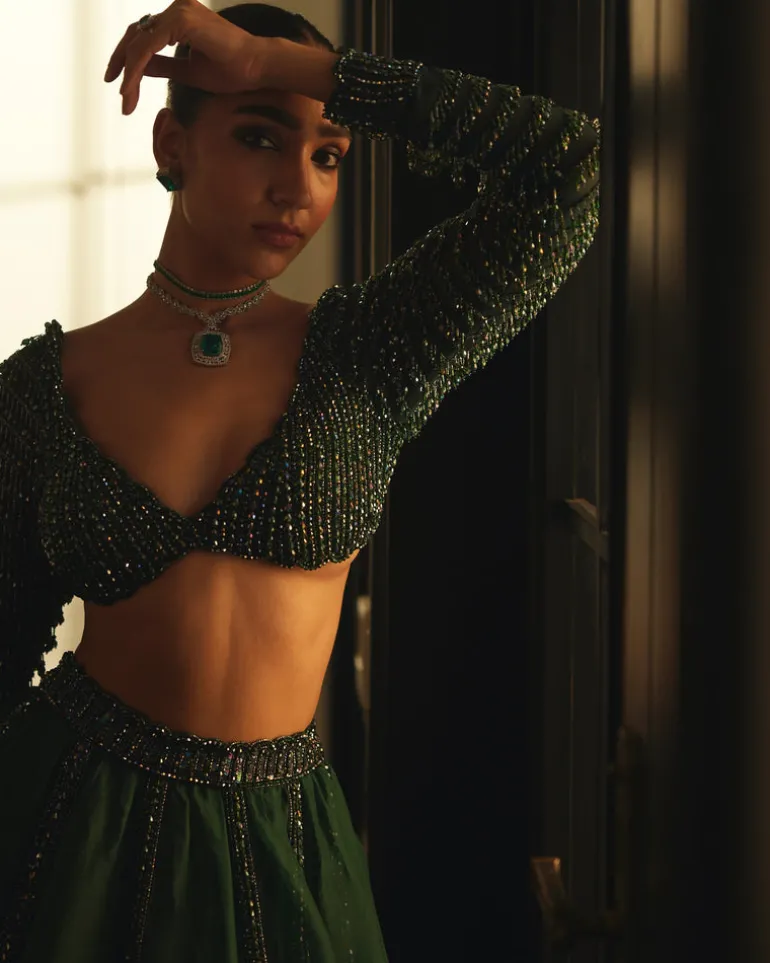 Dark Jade Green Organza Lehenga Set