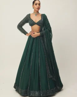Dark Jade Green Organza Lehenga Set