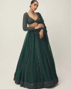 Dark Jade Green Organza Lehenga Set