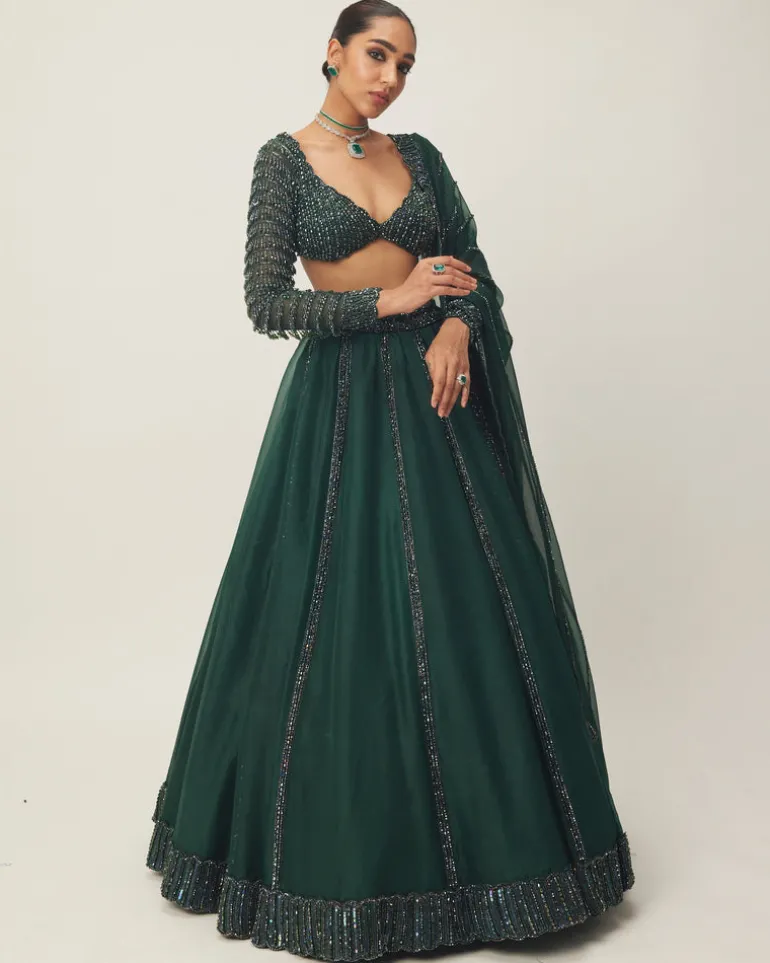 Dark Jade Green Organza Lehenga Set