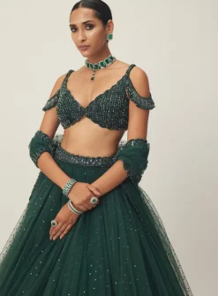 Dark Jade Green Sequins Scattered Tulle Lehenga Set